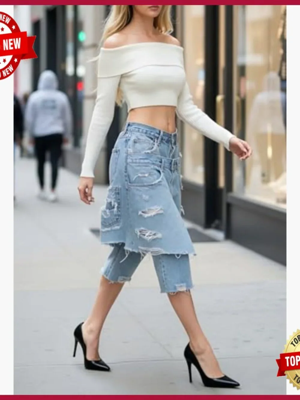 High Waisted Baggy Wide Leg Ripped Patchwork Bermuda Denim Shorts Cargo Y2k